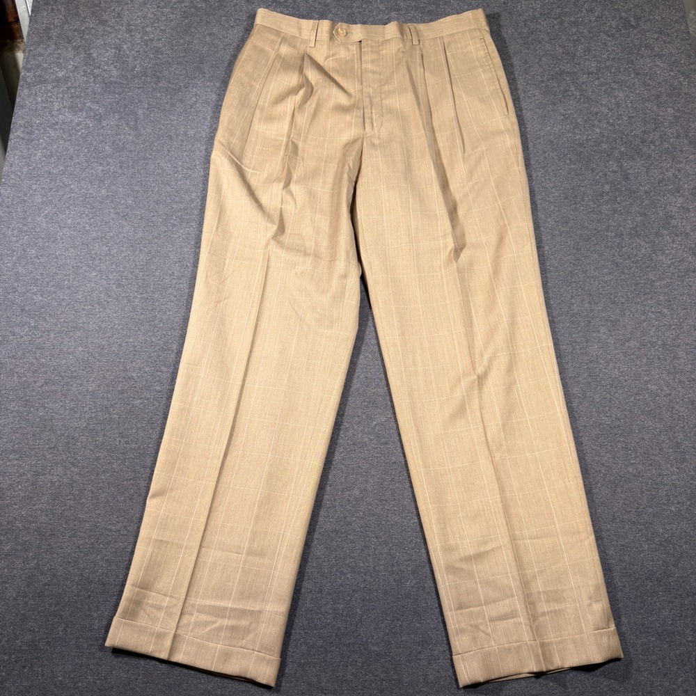 Lauren Ralph Lauren Dress Pants Men 34x32 Tan Windowpane Check Pleated 100% Wool